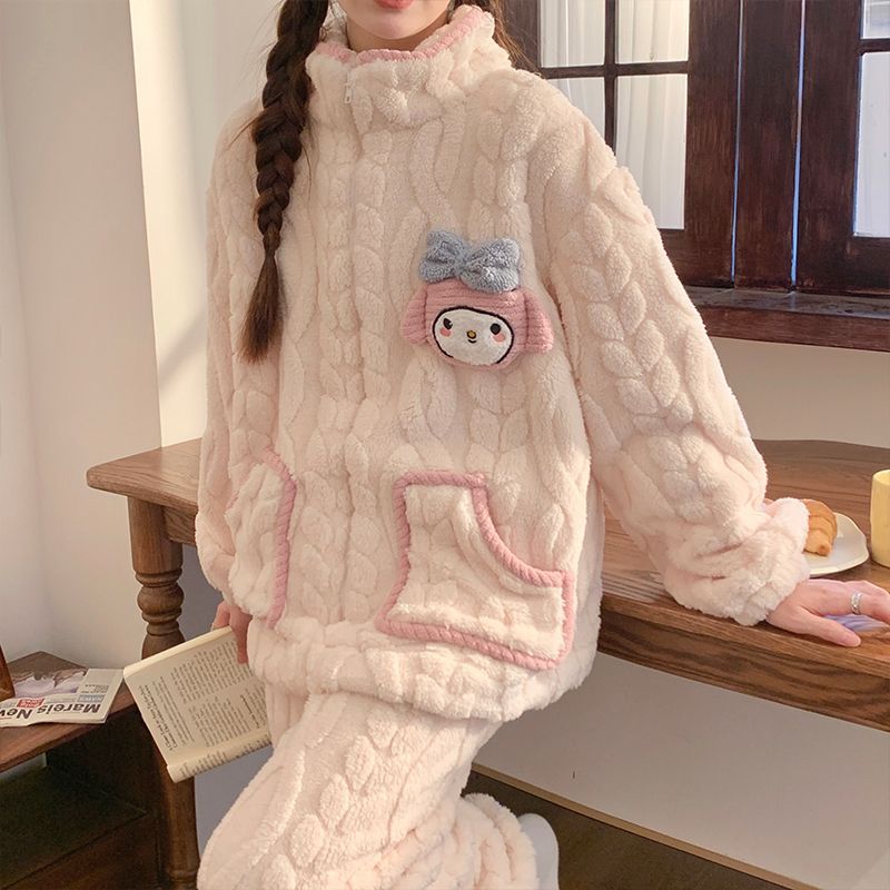 [Ze fill] new coral fleece pajamas women's autumn and winter thickened fleece-lined cartoon ins wind long sleeve outer wear suit