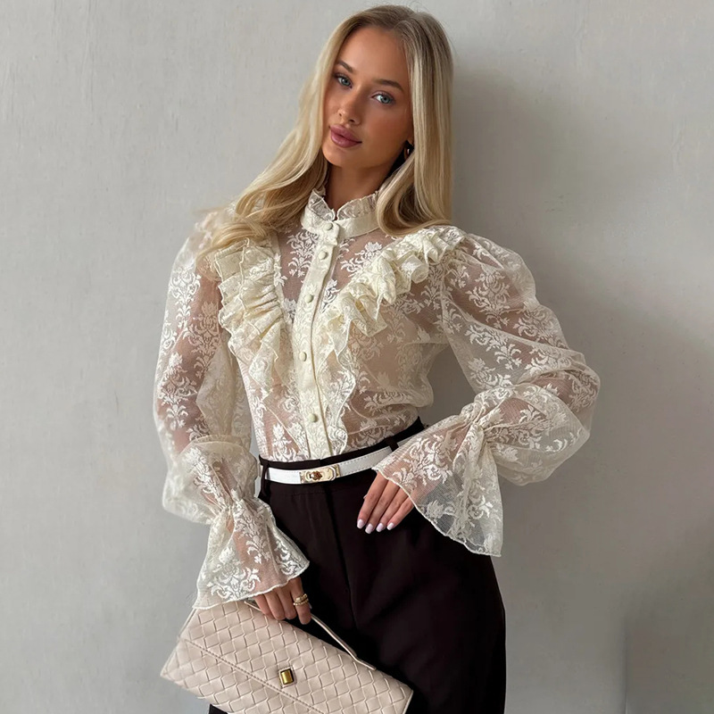 European and American 2026 Spring and Autumn Elegant Lace Shirt for Women, European and American Stand Collar Ruffled Sheer Commuter Top