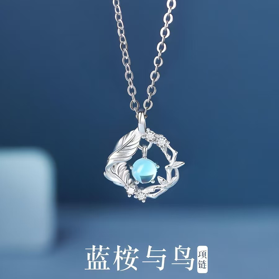 Step into the World of Hot-Selling Blue Eucalyptus and Bird Necklaces for Women, Featuring a Light Luxury Fairy Design with Moonstone Pendants and Clavicle Chains, Exuding a High-End Feel