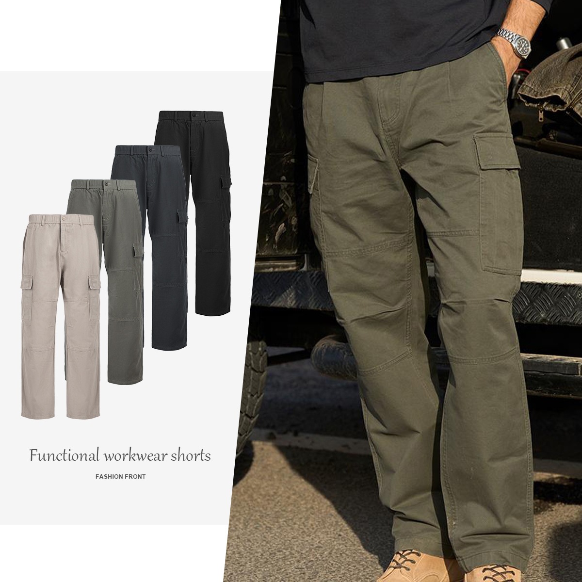 Simwood/Jianmu [Ls07 Loose Straight] 300g Elastic Waist Straight Cargo Casual Pants Men's Khaki