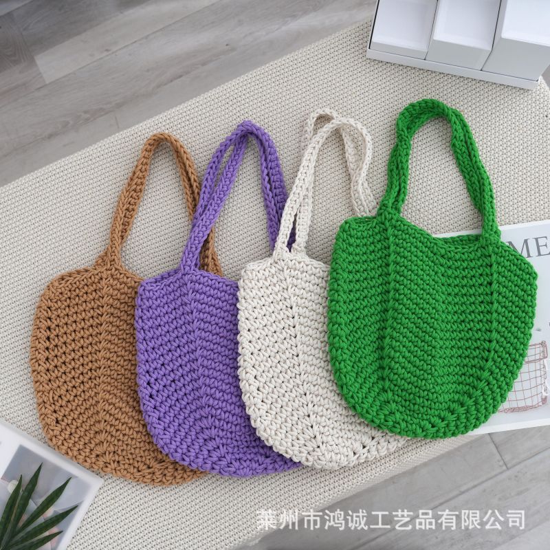手工编织包韩版慵懒风手提单肩包森系纯色棉线镂空包水桶包包女