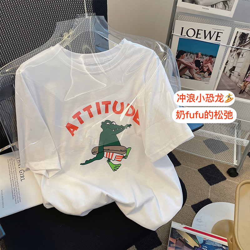 Small Crocodile Letter Pattern Pure Cotton Short-Sleeved T-Shirt for Women 2025 Summer New Loose Slimming Look Round Neck Top for Women