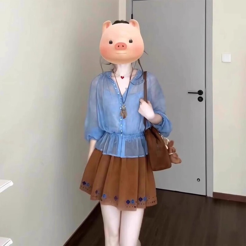 夏日搭配一整套大码胖mm防晒衬衫吊带半身裙减龄巨好看三件套装女|undefined