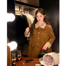 杨小卷 MIU系复古翻领中长款麂皮/丝绒外套工装风衣女 美拉德穿搭