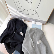 十三行女装拼接蕾丝边收腰V领针织衫短款收腰开衫叠穿外搭6178