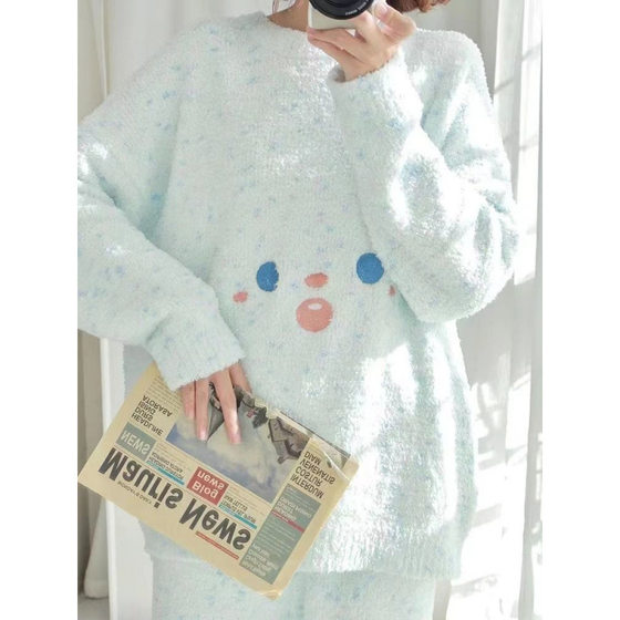 Half Velvet Pajamas Women's Autumn and Winter fleece-lined Thickened Winter Smiling Sweet Coral Velvet Home Clothes suit Can Wear