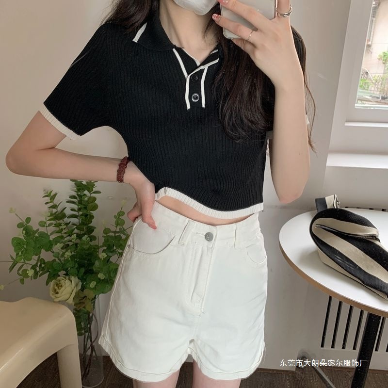 韓国版正肩polo襟ニット半袖tシャツ夏の修身デザイン感