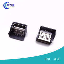 USB 2.0母座 短体10.0 前两脚插板直边 带黑壳