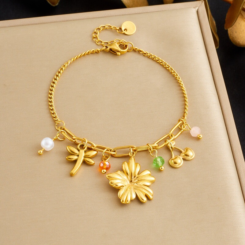 Cross-Border Pastoral Style Cherry Blossom Dragonfly Pendant Pearl Accessories Chain Stainless Steel Gold-Plated Hand Jewelry Women's Bracelet