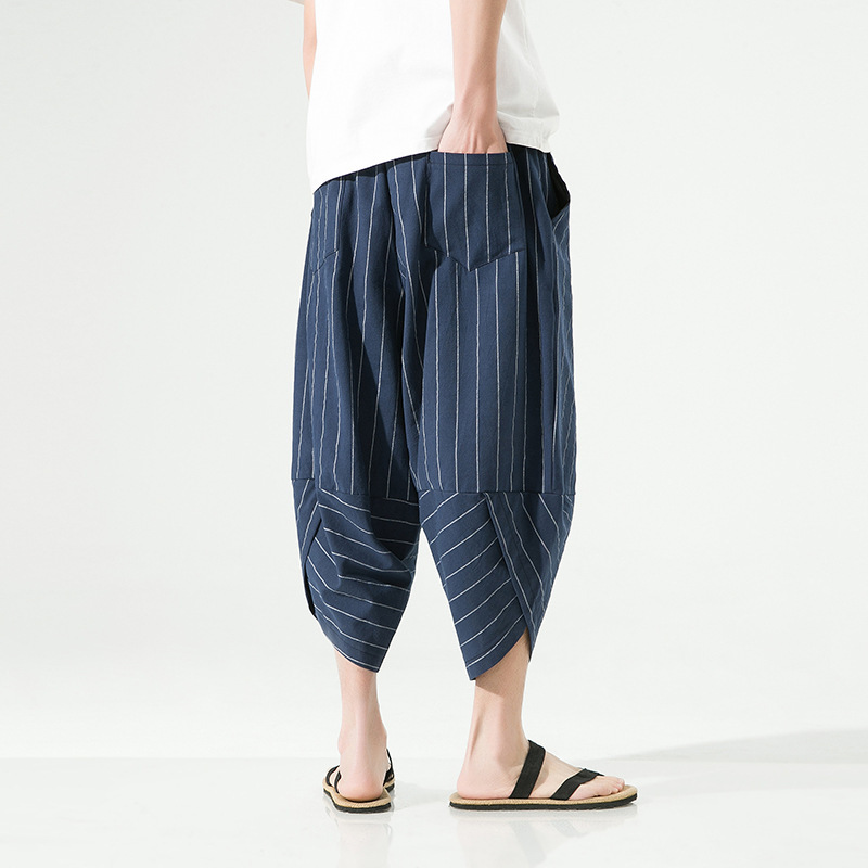 Summer Linen Cropped Pants Men's Casual Striped Pants Chinese Style Large Size Loose Carrot Pants Harem Wide Leg Pants