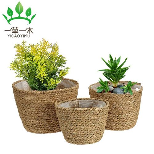 Wholesale Nordic straw flower pots, rattan flower pots, flower baskets, succulent flower pots, simple woven straw flower pot sets