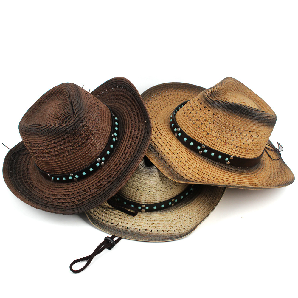 Ventas transfronterizas calientes masculinas y masculinas neutras sombrero de paja vaquero occidental sombrero de sol transpirable al aire libre con decoración de cinturón