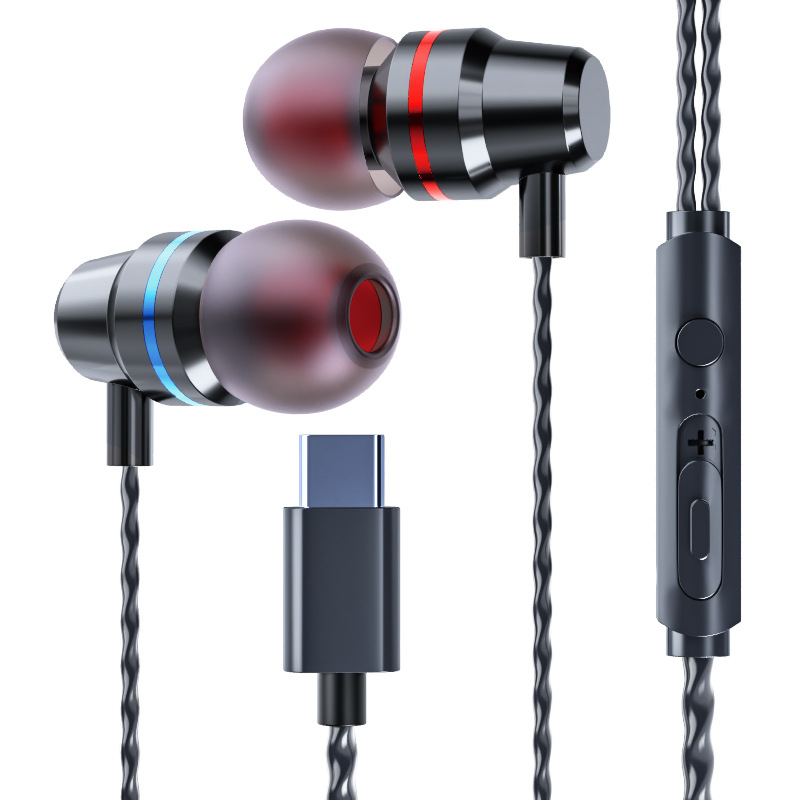 [Seleccionado] Tipo de cabeza plana digital tipo c de metal de graves pesados, adecuado para auriculares con cable para teléfonos móviles Huawei Xiaomi