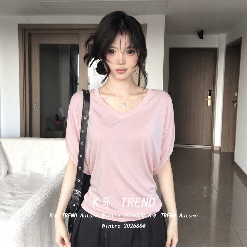 Suuuicee Green Gardenia Jasmine 100% Lyocell! Pure Desire Vibe Batwing Sleeve T-Shirt Loose V-Neck Top