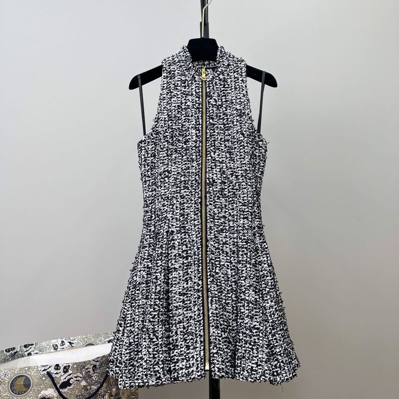 25 New Autumn and Winter European and American French Tweed Dress Women's Elegant Waist Long Zipper Large Hem Sleeveless Skirt