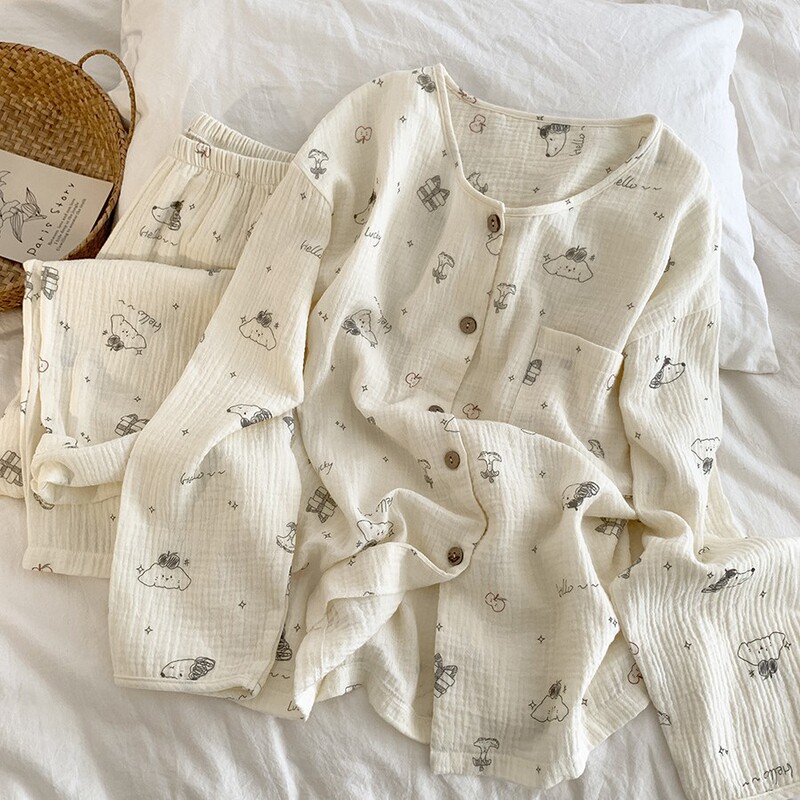 Class a 100% Pure Cotton Gauze Pajamas for Women, New Spring Style, Can Be Worn Outside, Soft and Comfortable Home Wear Set Class a 100% Pure Cotton Gauze Pajamas for Women, New Spring Style, Can Be Worn Outside, Soft and Comfortable Home Wear Set