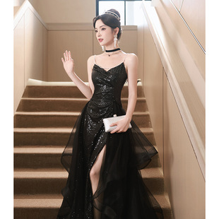 Black Suspender Banquet Evening Dress for Women 2025 New Spring Accessible Luxury High-End Art Exam Host Elegant Human Dress