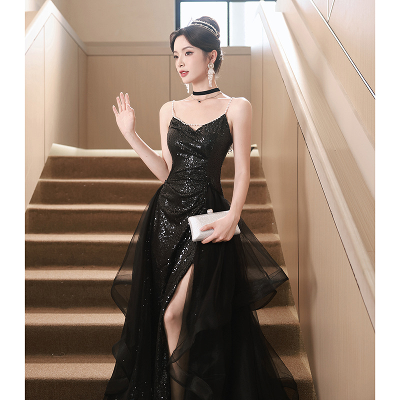 Black Spaghetti Strap Evening Dress for Women 2026 New Winter Light Luxury High-End Style for Art Exams and Hosting, Elegant Dress