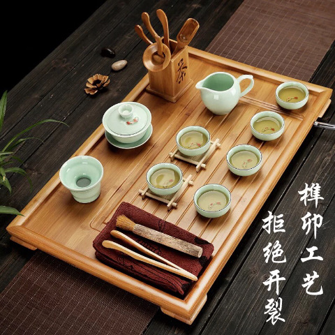 竹子茶盘排水流水式家用 大号简约功夫茶具 单层茶台九竹平板茶几