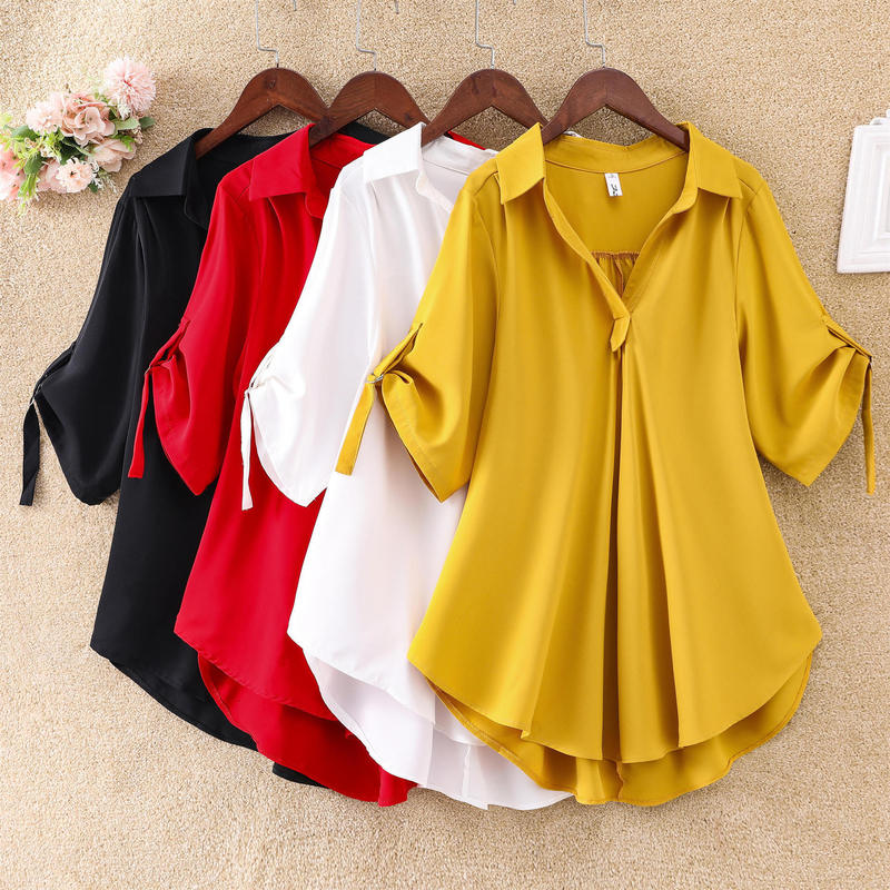 Mid-Length Short-Sleeved Chiffon Shirt for Women 2026 Summer New Style Large Size Loose Waist Slimming Chiffon Shirt Top for Women Mid-Length Short-Sleeved Chiffon Shirt for Women 2026 Summer New Style Large Size Loose Waist Slimming Chiffon Shirt Top for Women
