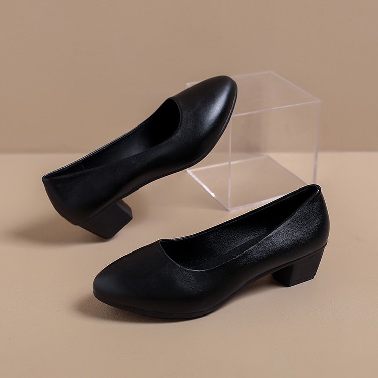 2025 otoño zapatos negros de tacones altos de primavera de cuero suave zapatos de trabajo de viaje de tacones gruesos zapatos de cuero de punta zapatos de mujer