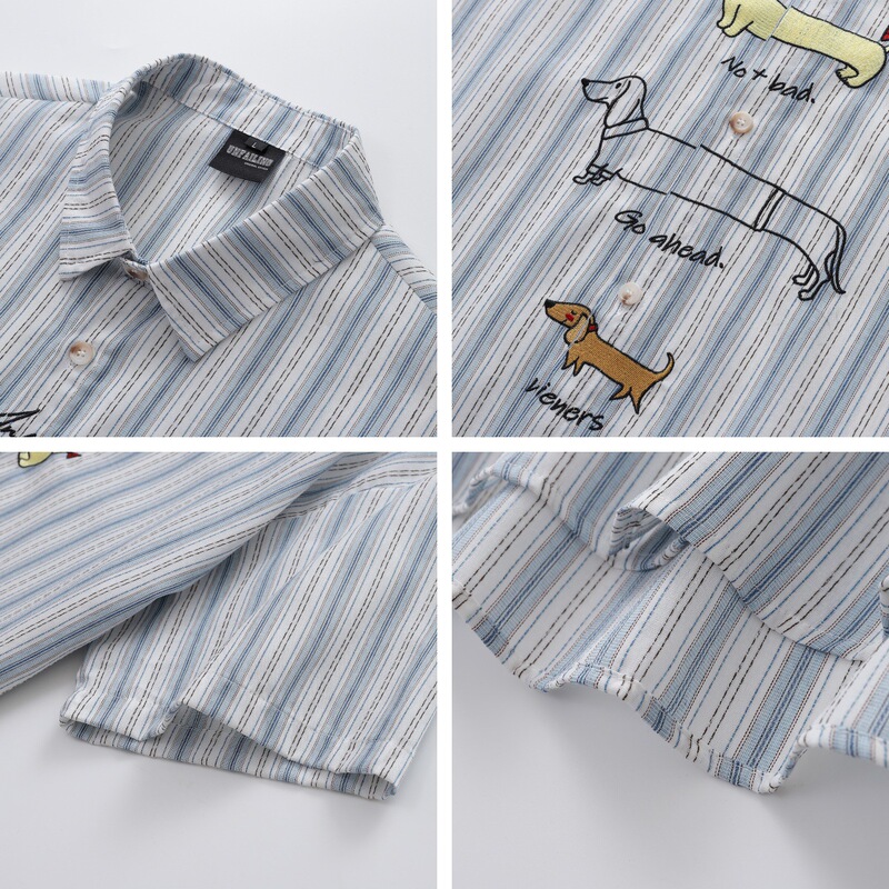 夏日本のレトロな漫画ダックスフント刺繍縦ストライプ半袖シャツメンズルーズカジュアルカップルシャツ|undefined