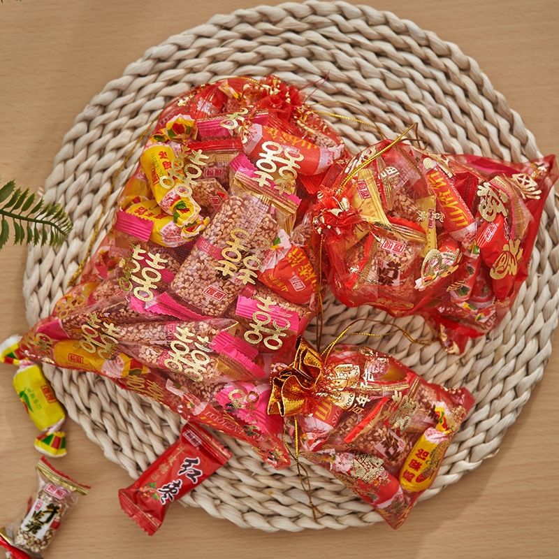 厂家批发婚庆结婚喜庆用品烫金玫瑰款网纱束口袋创意喜糖纱网袋子