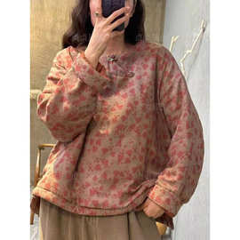 复古碎花棉衣女冬季新款圆领套头卫衣宽松休闲保暖棉服上衣