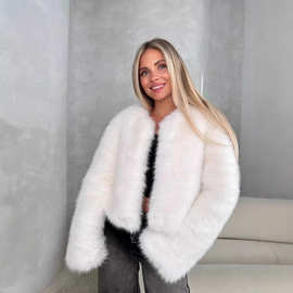 跨境亚马逊欧美仿皮草女装毛绒开衫秋冬爆款加厚保暖环保毛毛外套