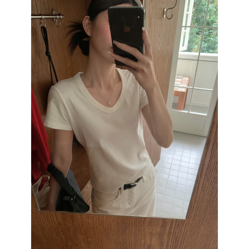 Gagd V-Neck T-Shirt for Women, Summer New Slim-Fit Short Style, Base Layer, Slimming T-Shirt