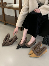 法式尖头细跟浅口单鞋2025新款加绒毛毛鞋冬季保暖通勤女鞋