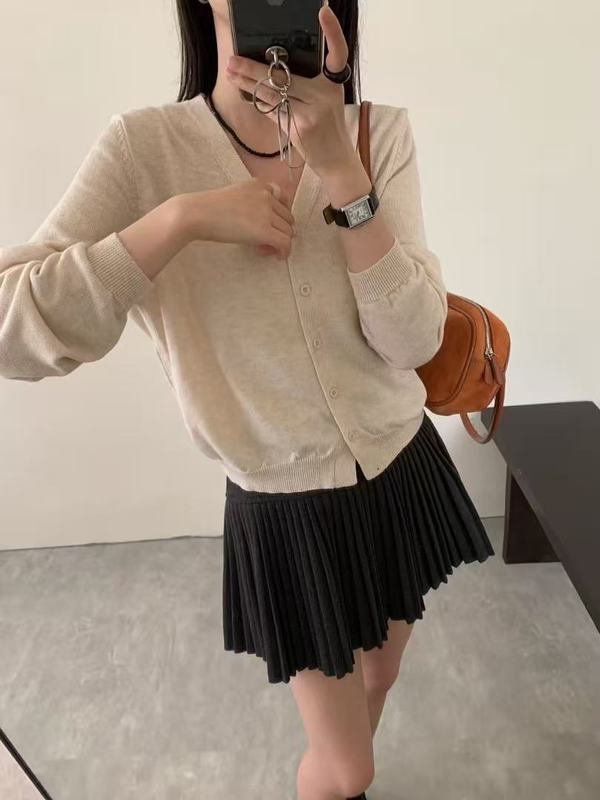 韩系V领毛针织开衫女早秋穿搭新款长袖显瘦休闲毛衣短款薄款上衣|undefined