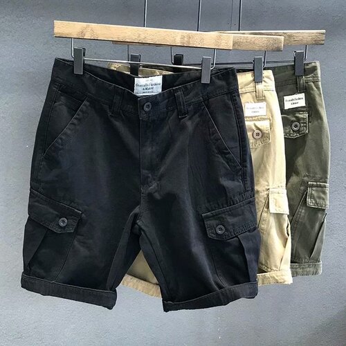 Khaki multi-pocket trendy brand casual workwear shorts men's summer five-inch pants black loose straight-leg mid-length pants