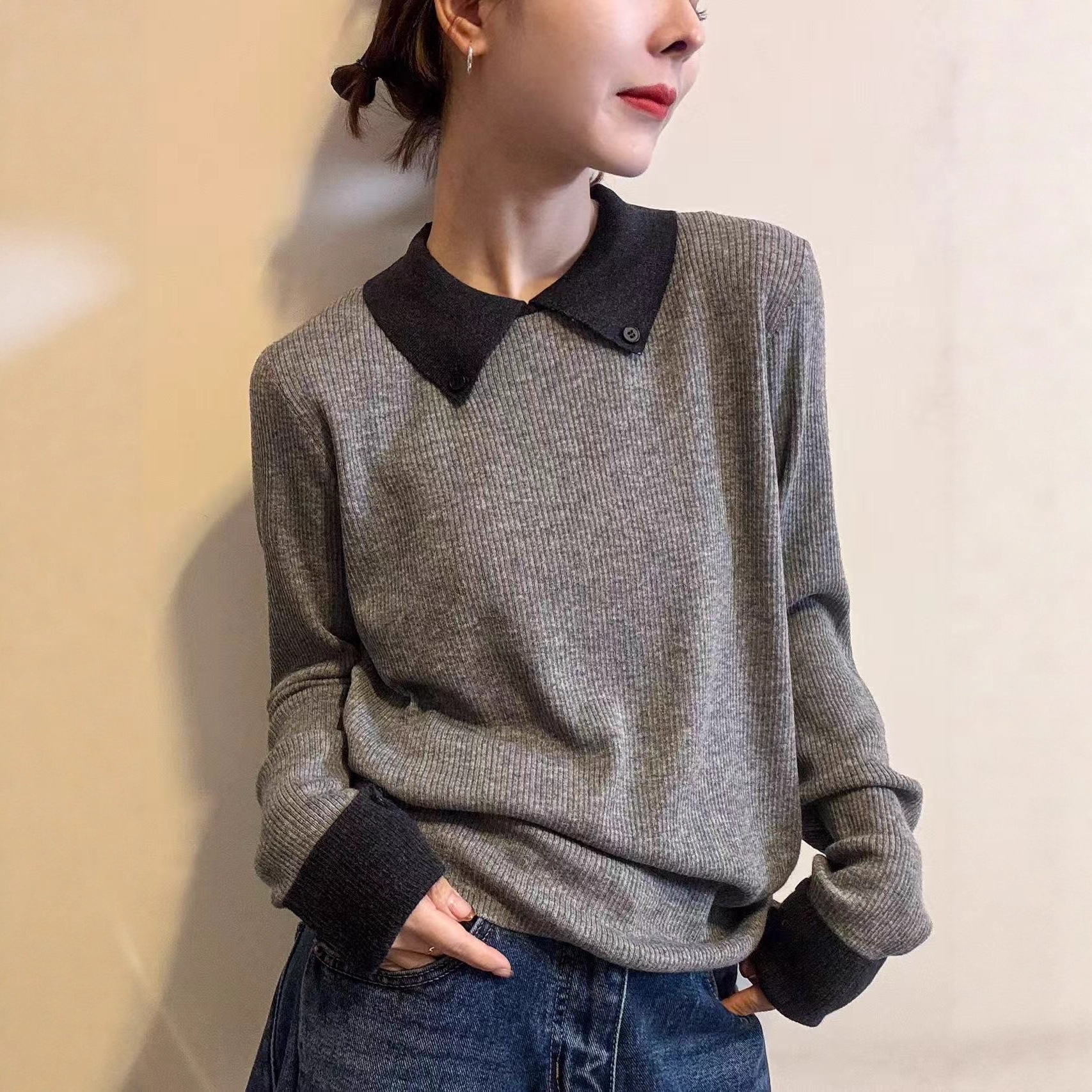 撞色翻领细羊毛针织衫女欧洲站2025秋装新款欧货女装毛衣打底衫潮