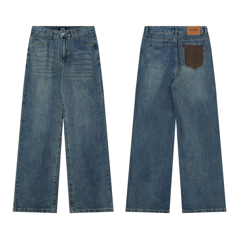 2025 Personalized Color-matching Design Sense Loose Jeans Men's and Women's Straight-leg Wide-leg Pants Urban Puppies Handsome Casual Pants