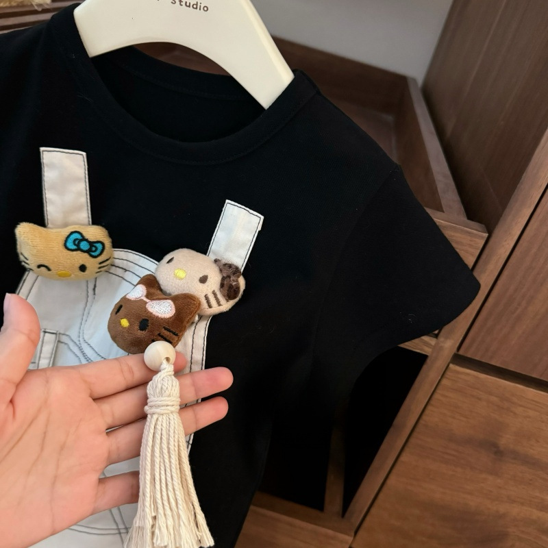 [Xianning Seven baby] 2025 verano niña falda de tirantes de dibujos animados falsa de dos piezas vestido de estilo occidental a juego falda linda