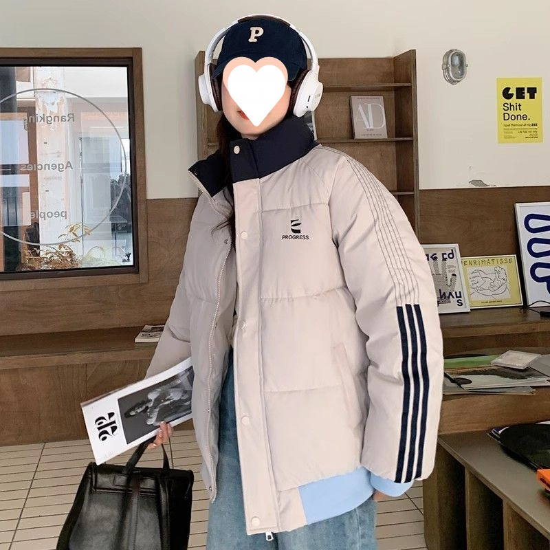 ins棉袄女条纹三条杠棉服女学生2025冬季撞色刺绣学院风棉衣外套