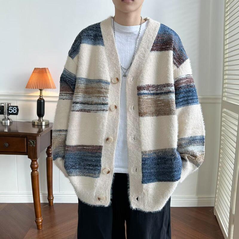 Contrast Color Stitching V-neck Cardigan Sweater Men's Japanese Style Retro Ins Trendy Brand Loose Lazy Style Coat Knitted Sweater for Couple Contrast Color Stitching V-neck Cardigan Sweater Men's Japanese Style Retro Ins Trendy Brand Loose Lazy Style Coat Knitted Sweater for Couple