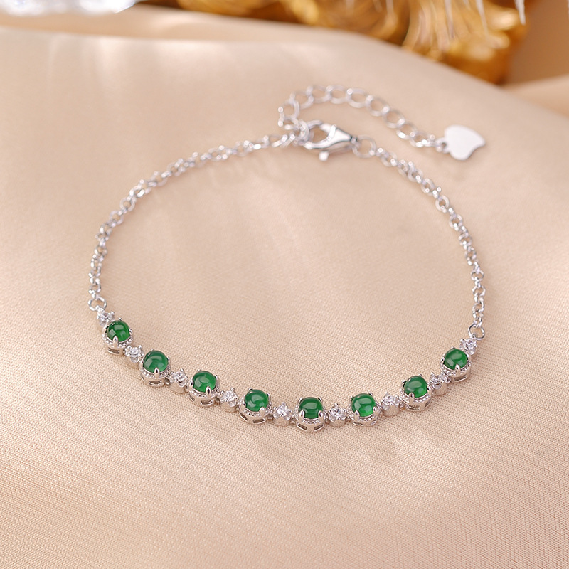 Vòng tay bạc S925 đính ngọc lục bảo 8 hạt phong cách hoang dã tinh tế — Một chiếc