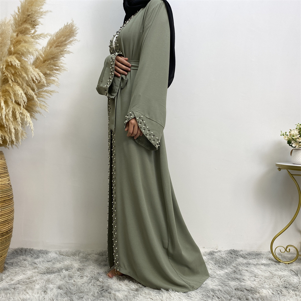 Arab Turkish Middle Eastern Fashion Elegant Solid Color Beaded Muslim Tie-Up Cardigan Robe 1838_ecoleips.com