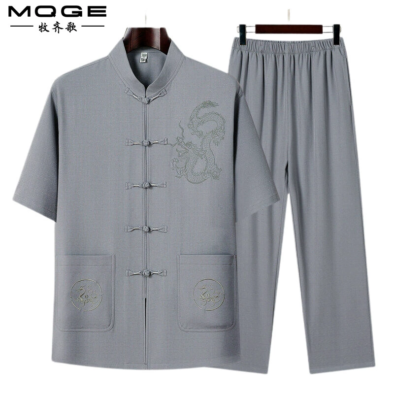 Взрывной костюм Тан для мужчин среднего и пожилого возраста летний набор с короткими рукавами в китайском стиле вышитый папа повседневный свободный костюм дедушки большого размера