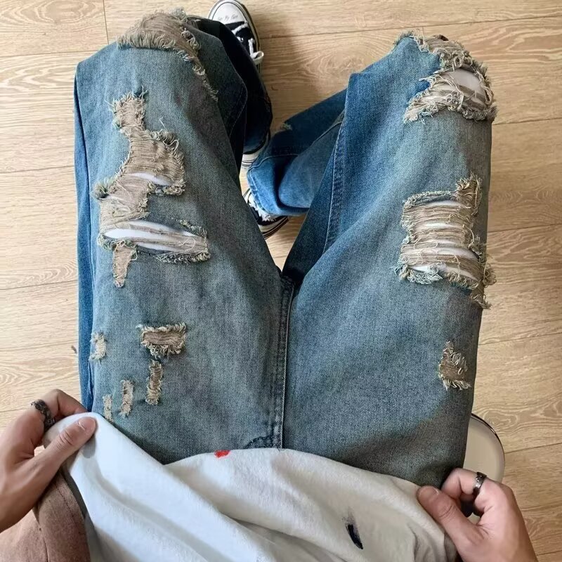 Men's Distressed Jeans Black to Gray Washed Straight-Leg Denim Pants High Street Grunge Style_mkmklike.com