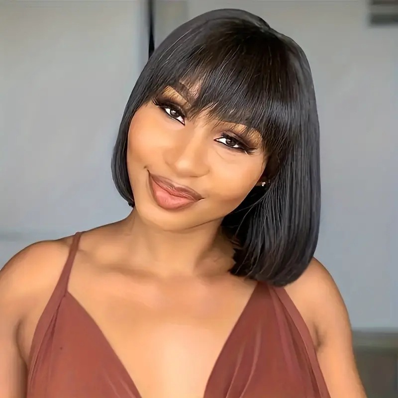 Synthetic Bob Wig With Fringe Heat Resistant Adjustable Cap_voghion.com