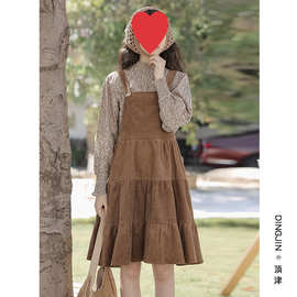 网红女宝宝韩版裙套装儿童春秋新款洋气复古碎花衬衫背带裙两件套