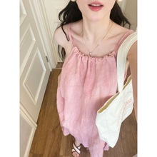 亚麻吊带连衣裙女宽松显瘦纯色大摆裙褶皱无袖削肩长裙A字裙