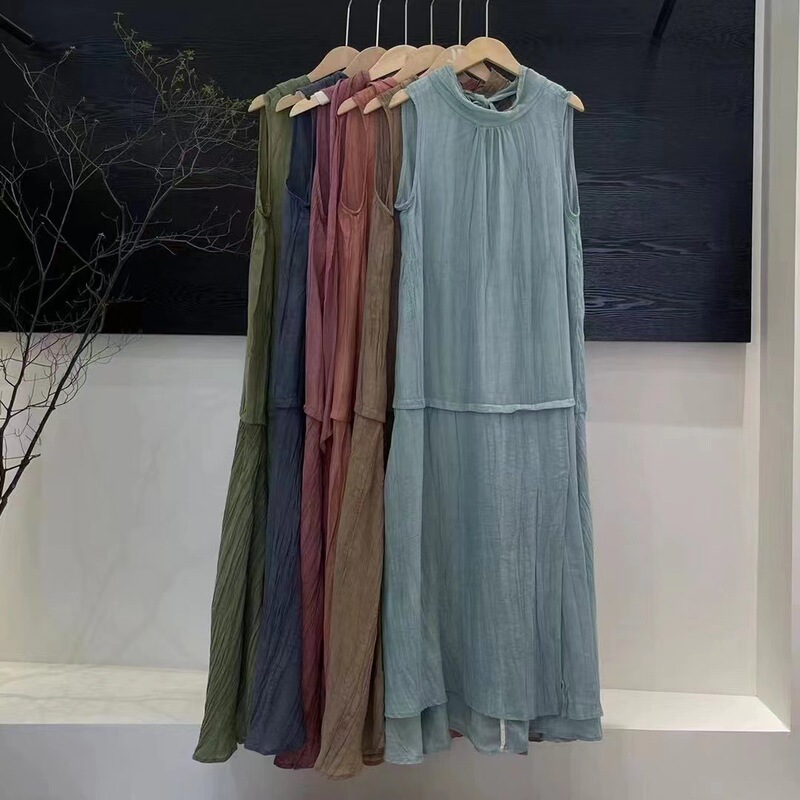 Summer Pullover Ramie Niche French Style Distinctive dress Artistic Loose Thin Solid Color Sleeve-free Long Pullover Skirt
