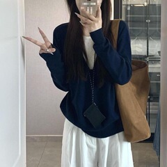 长袖新款法式上衣慵懒风假两件感毛衣针织衫女2025早秋藏蓝色适中