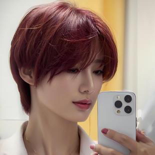 Wig differential broken cover wine red short straight hair oblique bangs boyfriend universal chemical fiber headgear in stock a generation of hair
