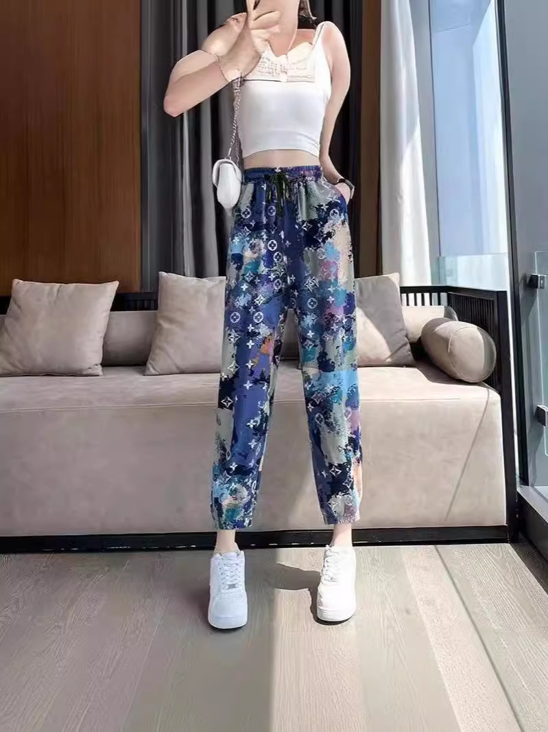 Summer Ice Silk Women's Pants Printed Ankle Pants Beach Cool Pants Ice Silk Pants Small All-match Ankle Pants Women
