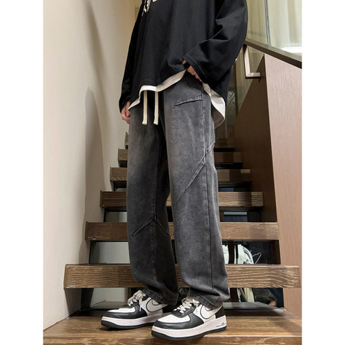 American Trend Stretch Waist Jeans for Men, Retro Washed and Distressed Loose Straight Leg Pants with Hong Kong Style Floor-Length Wide-leg Design